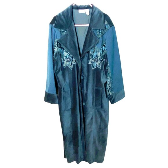 Vintage 1970s Newport News Boho Deep Teal Blue Velvet & Floral Embroidered Coat - Picture 1 of 13